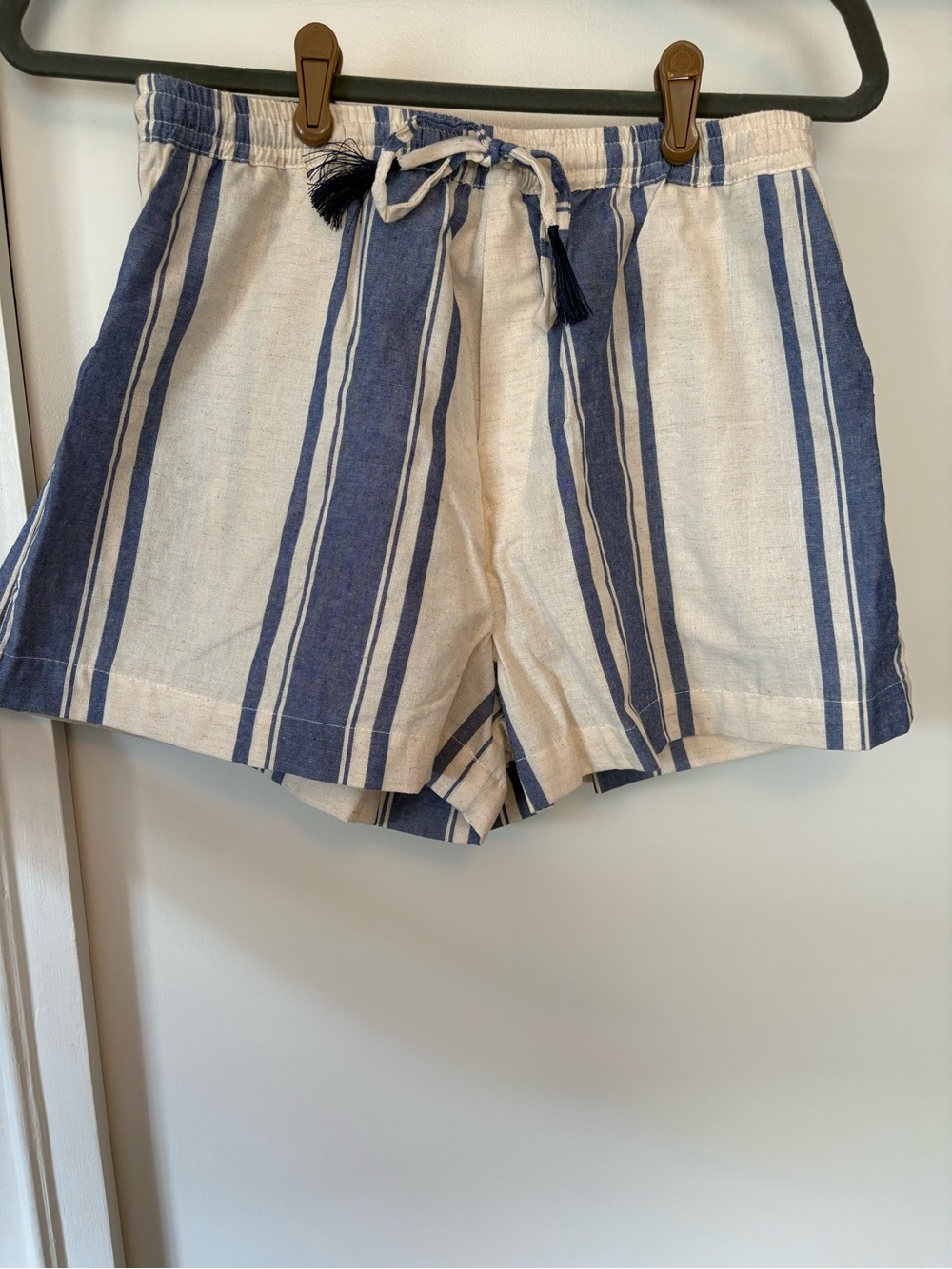 Natalie Martin Navy and Cream High-Waist Striped Drawstring Shorts